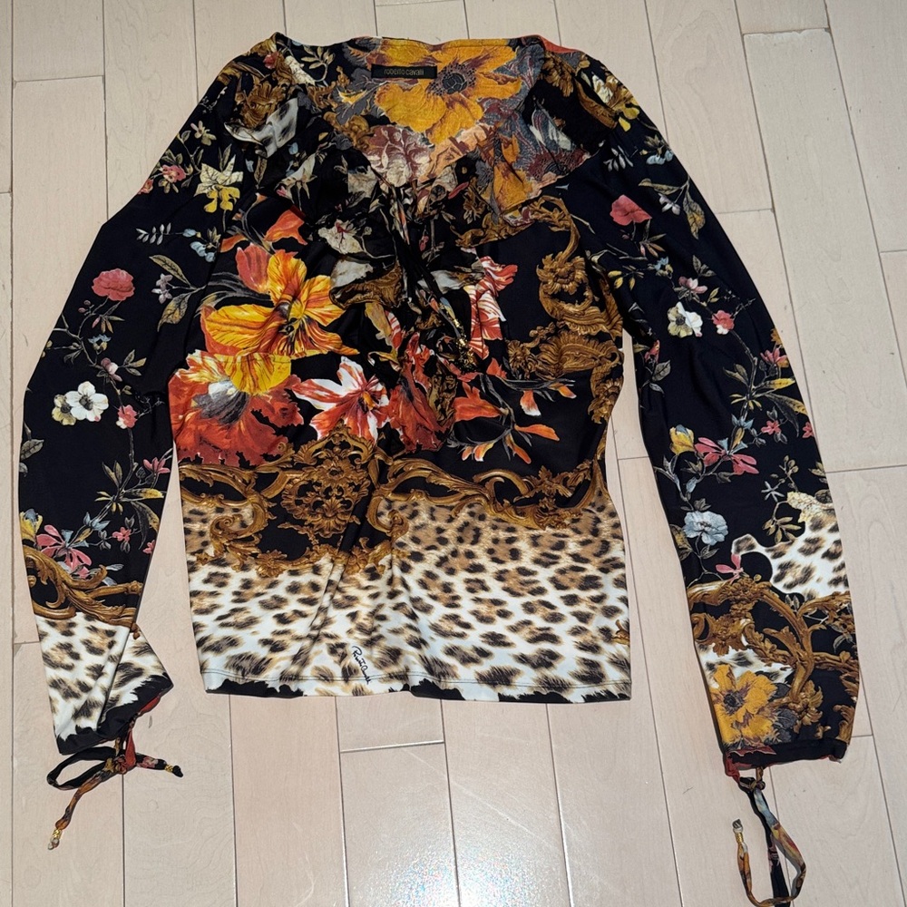 Roberto Cavalli Black Floral and Leopard Print Stretchy Blouse